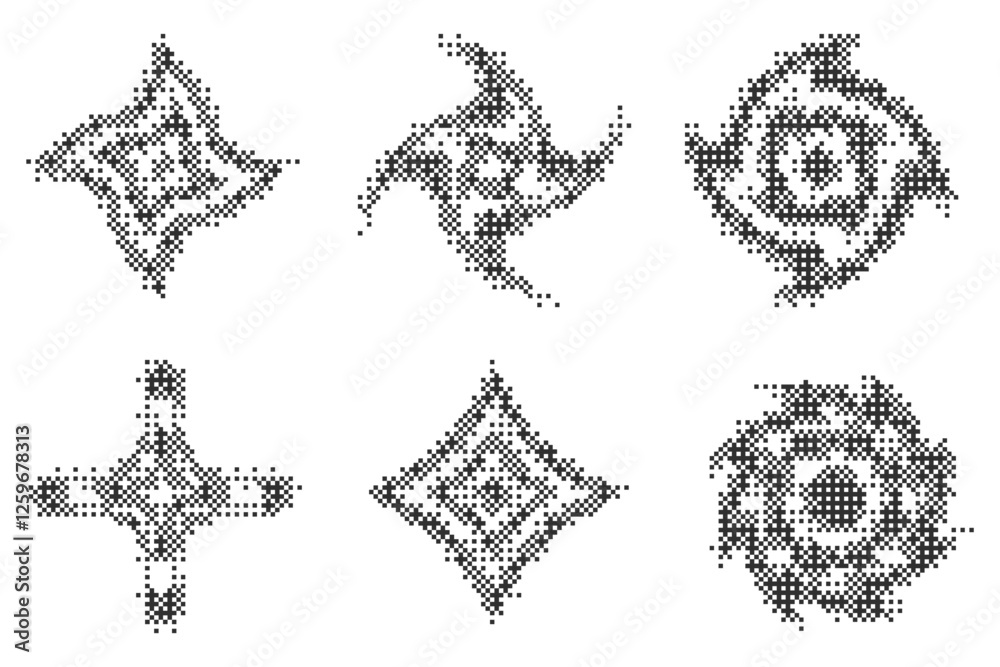 Poster Pixel pattern shapes. Textured star with bitmap Y2k dither gradient. Retro vector cosmic element with old computer game graphic effect. Halftone grunge illustration