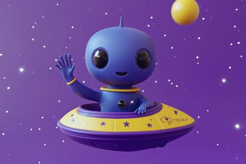 Fototapeta premium Cute Alien in Flying Saucer Waving Hello in Space