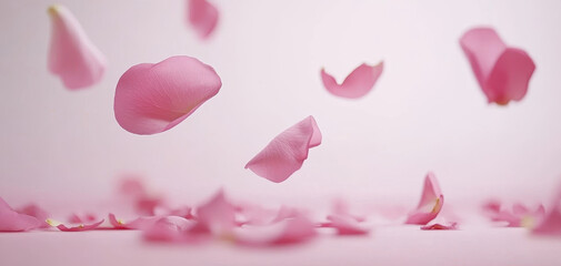 Gently falling pink rose petals create serene and romantic atmosphere