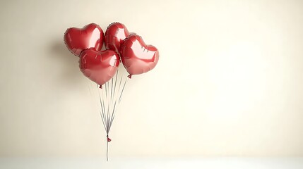 Four Red Heart Shaped Balloons Float Against A Plain Background