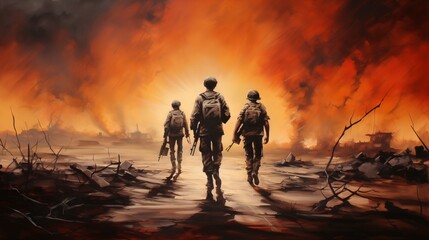 journalist writing notes while soldiers secure,camels in the sahara deser,generative ai illustration