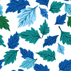 blue and green autumn leaves pattern, cottage core style, leaf background 