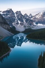 Moraine Lake Reflection in Canadian Rockies with Snow-Capped Mountains Surrounded by Pine Trees at Dawn in Alberta, Canada
