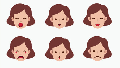  a grid of six cartoon-style female faces, each depicting a different emotion.