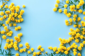 Happy Spring Mimosa Blossoms on Pastel Blue Background with Floral Banner Text Area, Flat Lay Design