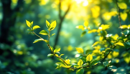 Fresh Green Leaves in Forest with Sunlight Shining Through Trees
