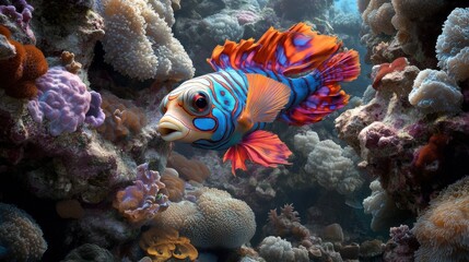 A colorful fish with blue and orange fins swims in a coral reef