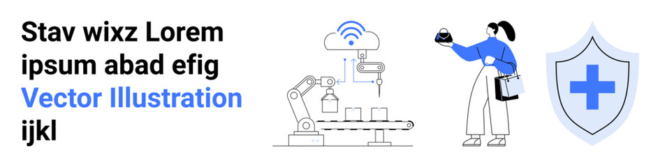 Robotic arm automating medical tasks, worker operating device, shield symbolizing safety. Ideal for healthcare, automation, technology, medicine, safety, medical innovation flat landing page banner