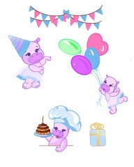 hippo girl congratulates you on your birthday, cartoon, 