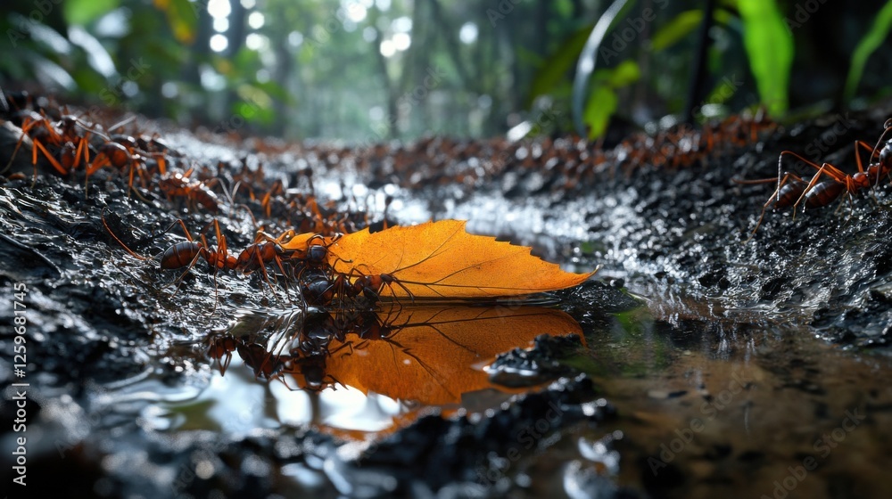 Poster a leaf is floating in a puddle of water