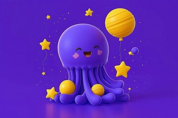 Fototapeta premium Adorable 3D Render of a Happy Purple Jellyfish with Stars and Balloons in Space