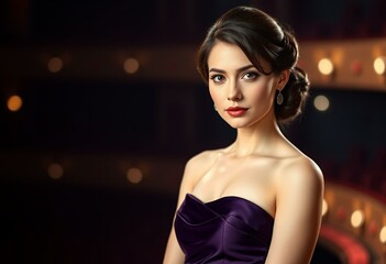 Female actor in a theatre setting with elegant evening gown