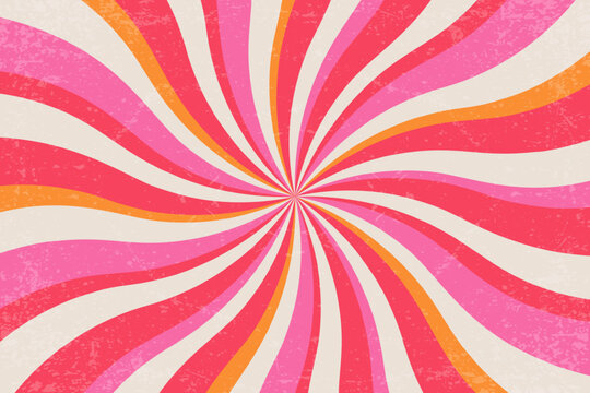 Retro swirl pattern. Vector groovy textured background. Spiral sunburst radial backdrop. Vintage psychedelic wavy pink and orange vortex. 70s funky striped summer poster