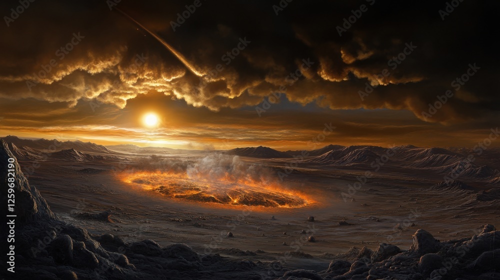 Poster a desolate landscape with a large crater in the center