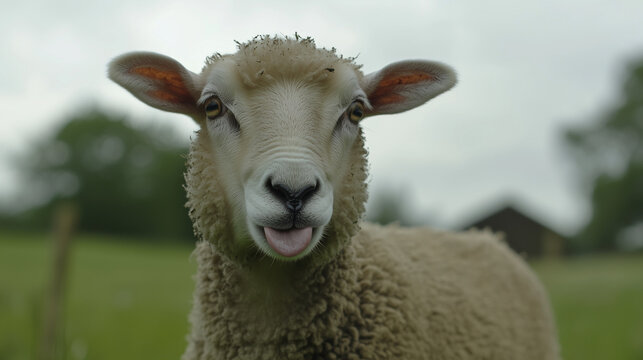 Sheep playfully sticking out its tongue, a moment of lighthearted charm