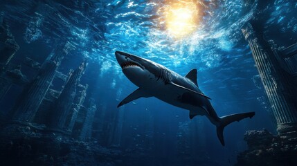 Fototapeta premium A shark is swimming in the ocean near some ruins