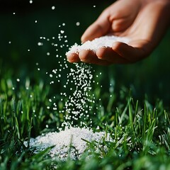Hand spreading white granules on lush green grass in a garden setting during daytime