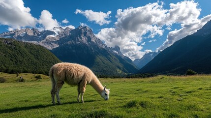 A white llama is grazing in a grassy field with mountains in the background