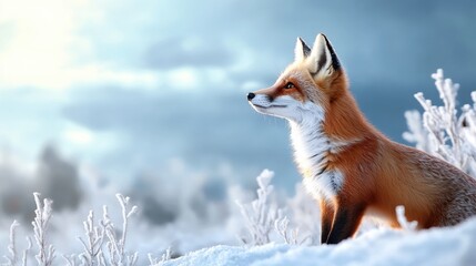 Obraz premium A fox is standing in the snow, looking up at the sky
