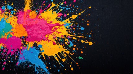 Colorful paint splatter artwork in a retro 80s aesthetic, featuring bright neon shades and expressive brushstroke textures on black