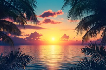 Tropical Sunset Seascape Framed by Palm Trees