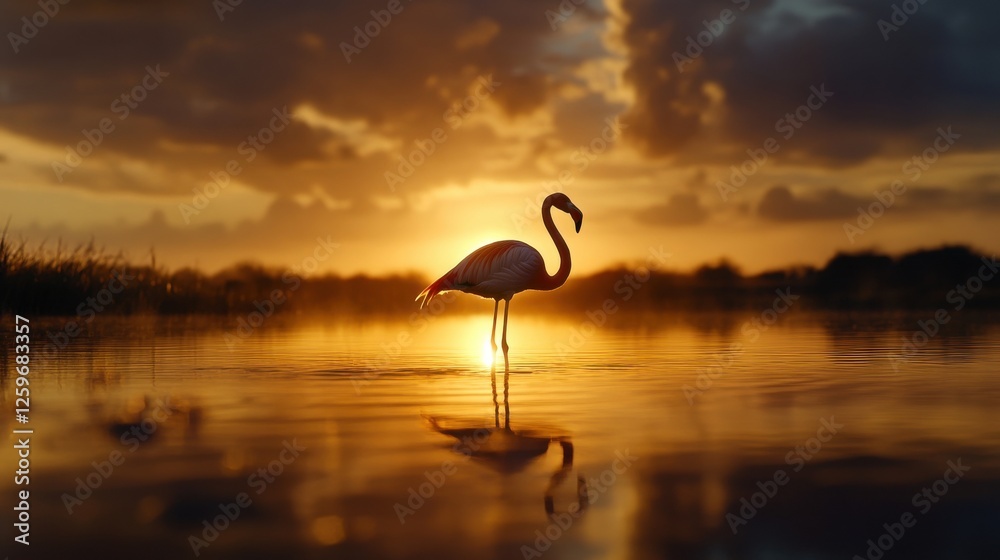 Poster a flamingo stands in the water, with the sun setting in the background