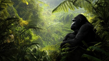 A large black gorilla is sitting in the jungle