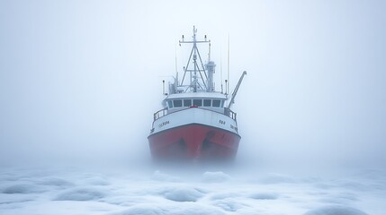 Fishing Vessel in Arctic Foggy Winter Landscape