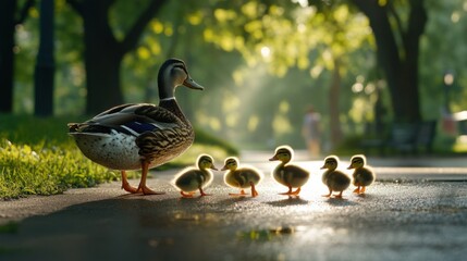 Fototapeta premium A mother duck and her ducklings are walking on a sidewalk