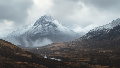 Majestic snow capped mountains rise above misty valley, showcasing beauty of highland landscapes. dramatic scenery evokes sense of tranquility and awe