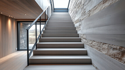 Fototapeta premium open-riser staircase made of ash-gray wood, featuring a linear black metal railing. The staircase ascends along a stone accent wall.