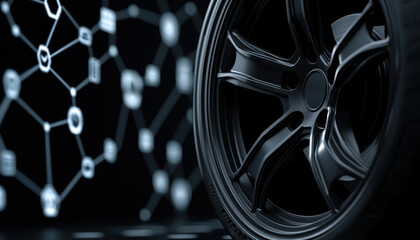 Eco-friendly automotive parts concept, recycled brake pads and metal rims with futuristic holographic icons showcasing sustainability innovations