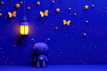 Naklejka premium Adorable 3D Render of a Blue Alien with Stars, Butterflies, and a Lantern at Night