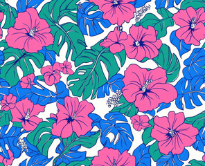 A vibrant and colorful tropical floral pattern with palm leaves, hibiscus flowers, monstera plants, in pink green blue colors