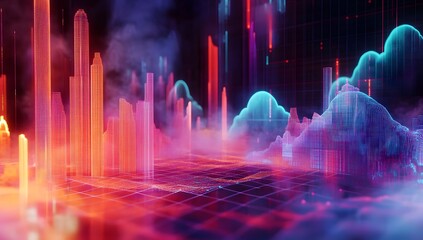 Futuristic city, digital graphs, data visualization, urban landscape
