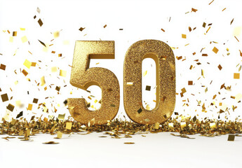 Golden number 50 with glitter and confetti on white background, celebrating milestone with joy and excitement. Perfect for birthday or anniversary themes