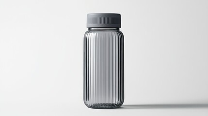 Grey ribbed water bottle on white background. Lifestyle product shot