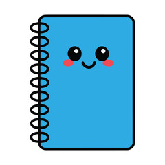 Blue book or notebook with a cheerful cartoon face, big round eyes, and a happy smile. Cute character is perfect for children's designs. Isolated on a white background. Vector illustration.
