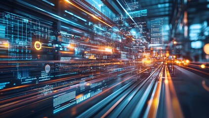 Futuristic city street, data stream, motion blur, technology