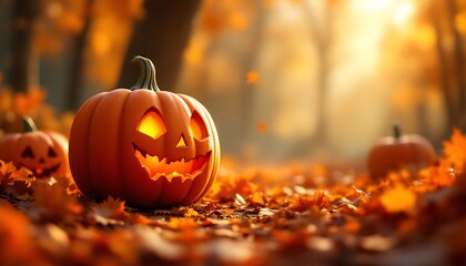 Glowing Jack-o'-lantern in Autumn Leaves Forest, Halloween Season Decor