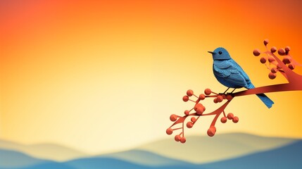 Fototapeta premium paper cut art of a bird perched on a branch soft light ,generative ai illustration