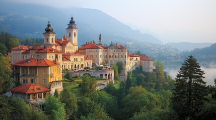 Hilltop village sunrise, misty valley, Italian Alps, travel postcard