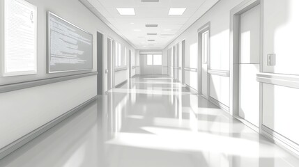 Bright and Spacious Hospital Hallway with Minimalist Design and Clean White Aesthetic