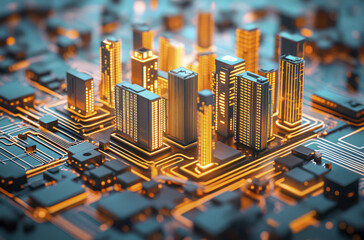 futuristic cityscape is depicted atop circuit board, showcasing glowing buildings and intricate electronic pathways. This vibrant scene merges technology with urban life, creating captivating