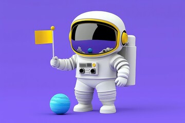 Cute Astronaut Holding Flag and Planet on Purple Background