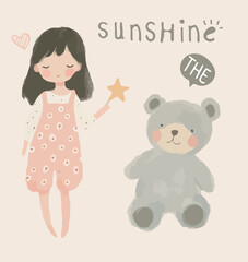 girl with teddy bear Cartoon Illustration Graphic