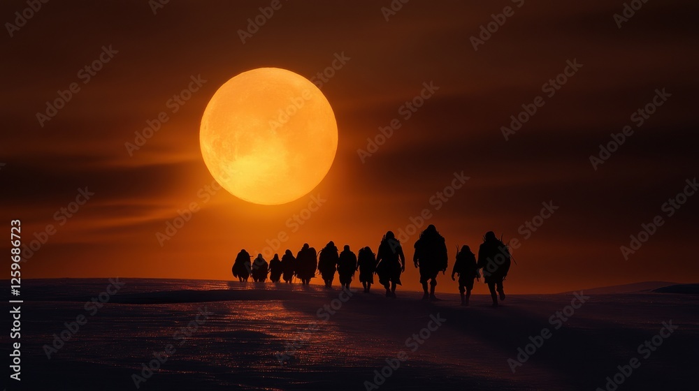 Poster a group of people are walking in the snow with a large moon in the background
