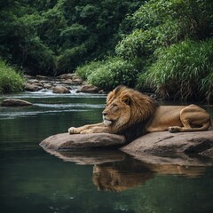 A serene lion lying by a crystal-clear river, with lush greenery in the background.