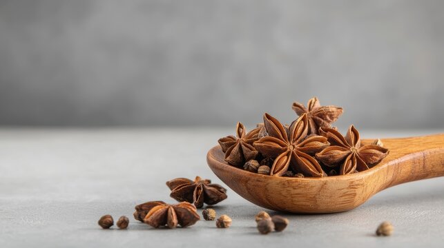 Herbal anise seeds in a handcrafted wooden spoon, star anise scattered, natural light enhancing textures, warm cozy food photography style, ultra-HD