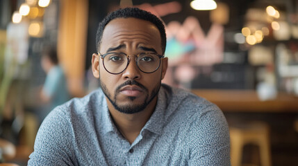 Fototapeta premium Serious Man Portrait Glasses Spectacles Thoughtful Pensive Young Adult Male Person Face Mood Cafe 
